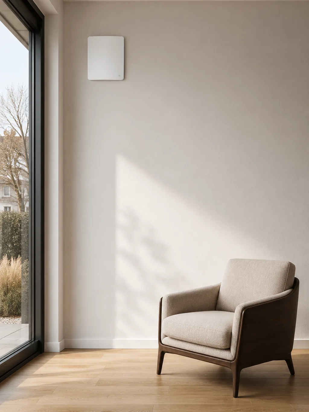 Dezentrale Lüftung mit Wärmerückgewinnung im Neubau: das flache weiße Innenelement sitzt hoch an der Außenwand neben dem bodentiefen Fenster