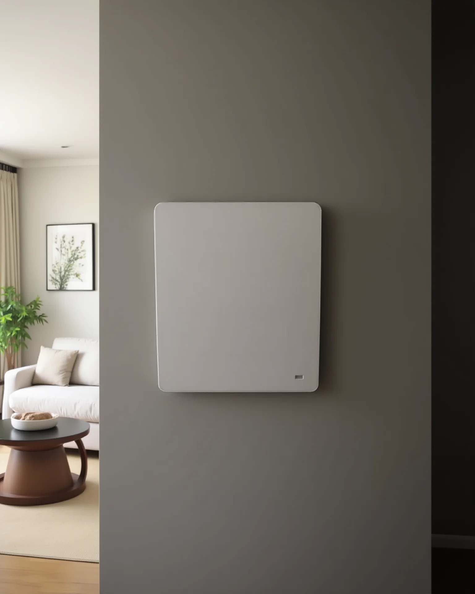 Dezentrale Lüftung im Wohnraum: das flache weiße Innenelement sitzt an der Wand, im Hintergrund der ruhige Wohnbereich mit Sofa