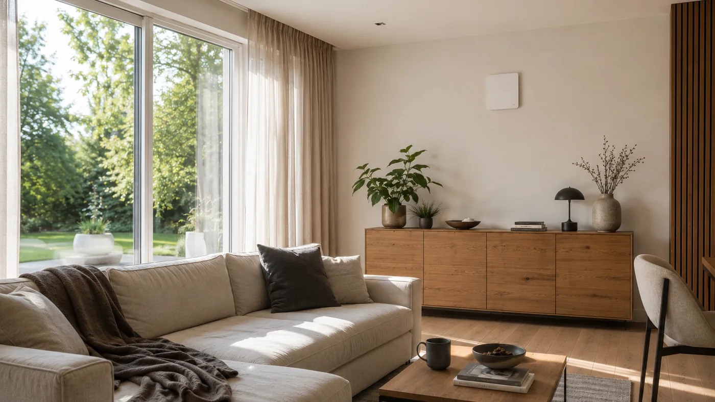 Helles Wohnzimmer mit dezentraler Lüftung: das flache weiße Innenelement sitzt hoch an der Wand über dem Sideboard, bodentiefe Fenster zum Garten