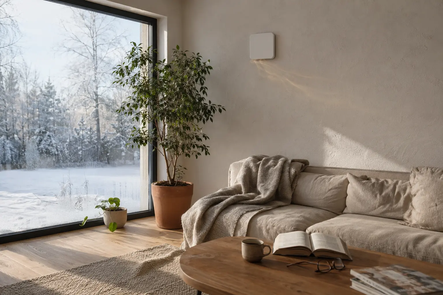 Wohnzimmer im Winter: Das flache weiße Innenelement der dezentralen Lüftung sitzt hoch an der Wand, ein zarter warmer Luftschleier zieht daraus in den Raum. Draußen liegt Schnee.