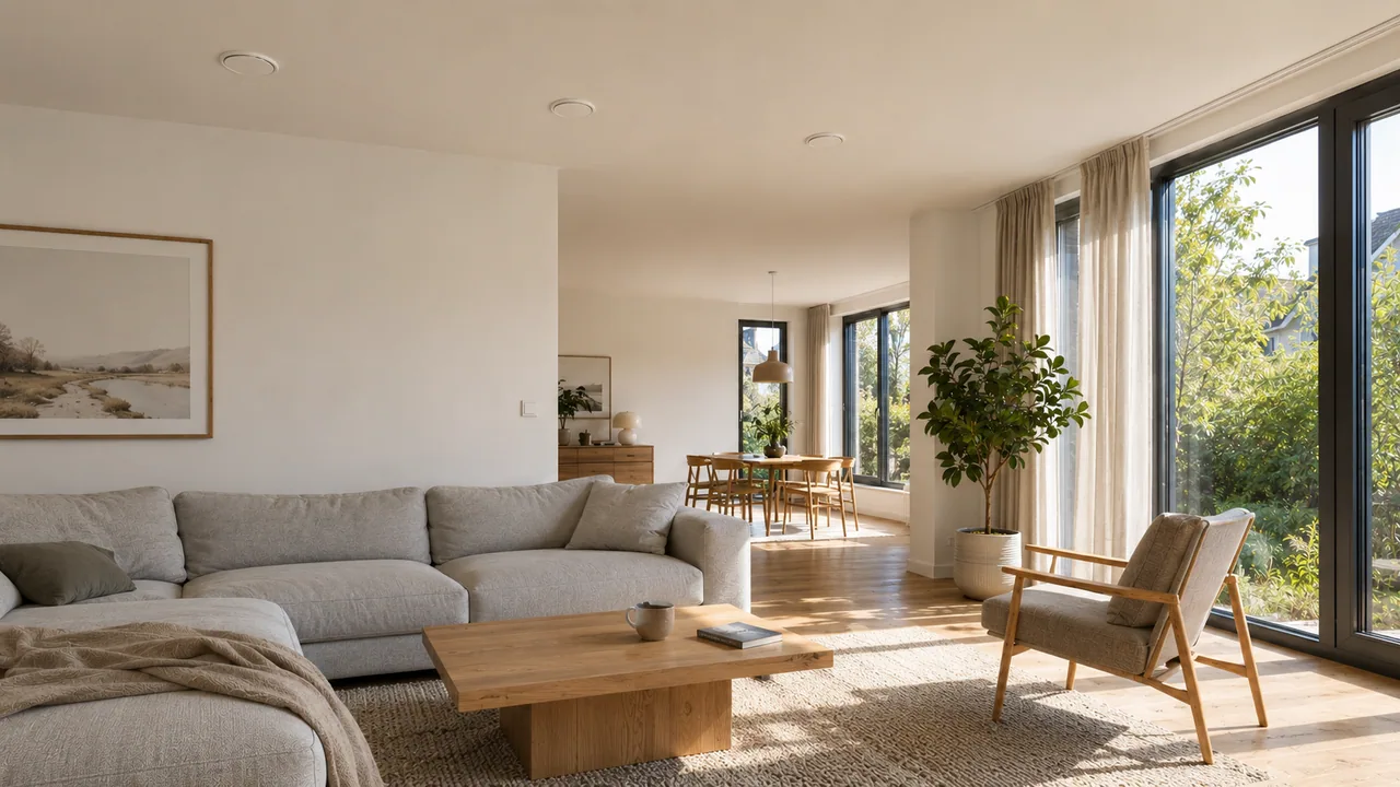 Heller Wohnraum in einem Neubau mit frischer Raumluft durch eine zentrale Lüftungsanlage