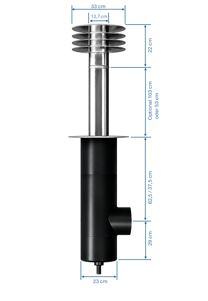 Maßzeichnung RL Keller ALD Kellerturm: Edelstahl-Wetterschirm Ø 33 cm und 22 cm Höhe, Standrohr 103 oder 53 cm, EPP-Bodensektion 62,5 bzw. 37,5 cm mit 29 cm Fußteil, Durchmesser 23 cm
