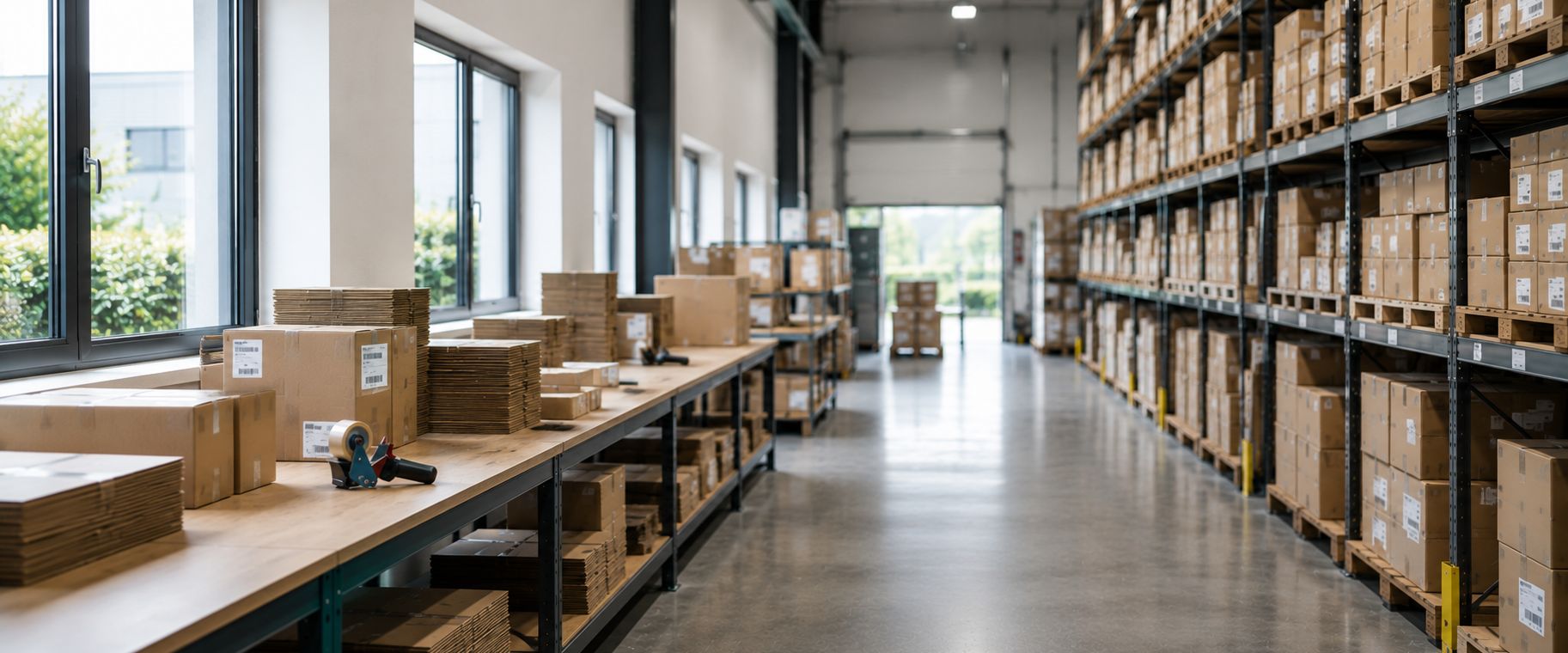 Blick durch eine Lagerhalle: links ein Packtisch mit versandfertigen Kartons, rechts Regalreihen.
